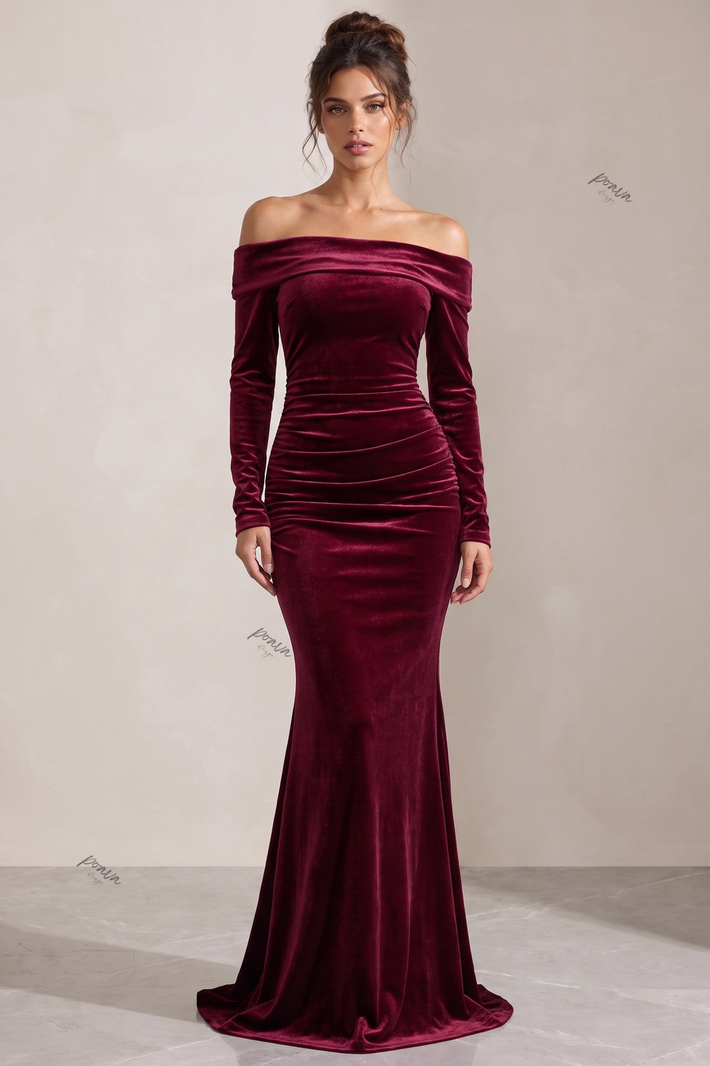 Burgundy Velvet Mermaid Evening Gown Flowering Girl