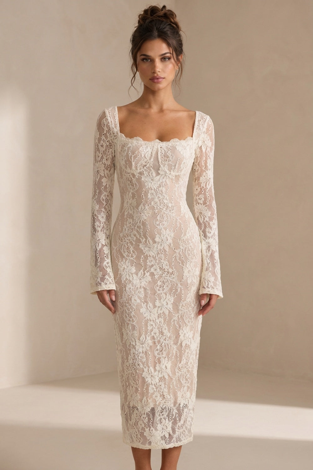 Champagne Beige Lace Midi Bridal Dress Square Neck Long Flare Sleeve Bodycon Wedding Guest Dress Flowering Girl