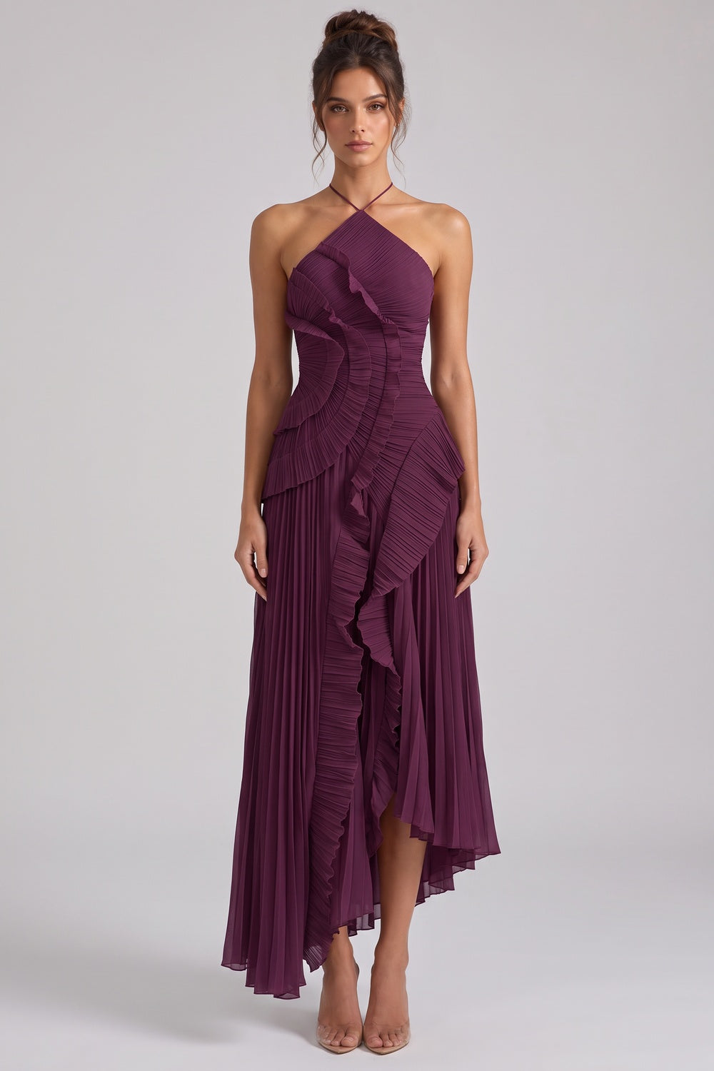 Deep Plum Asymmetrical Pleated Ruffle A-Line Dress Flowering Girl