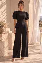 Black Structured Crepe Two-Piece Set with Puff Sleeves and Asymmetrical Peplum Flowering Girl