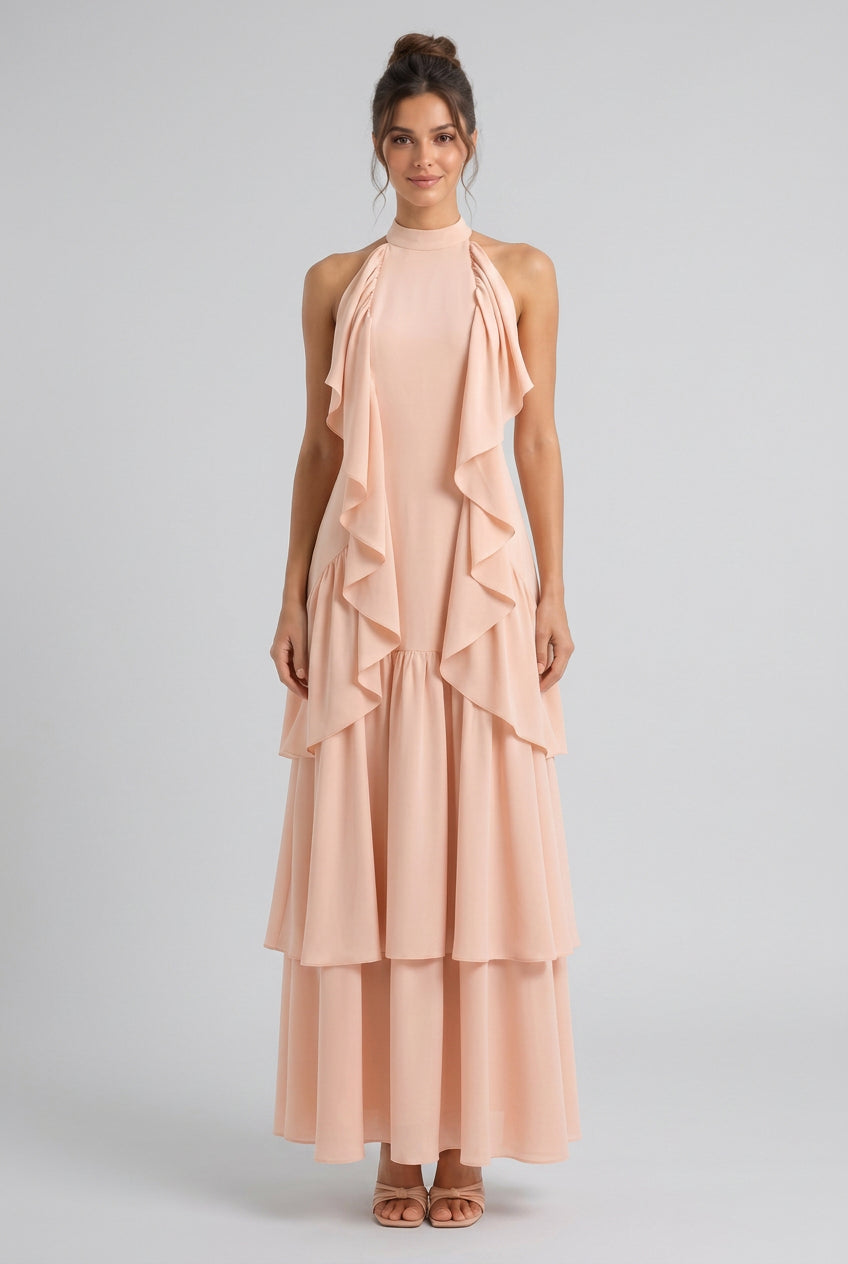 Pale Peach Lightweight Crepe A-Line Tiered Dress Flowering Girl