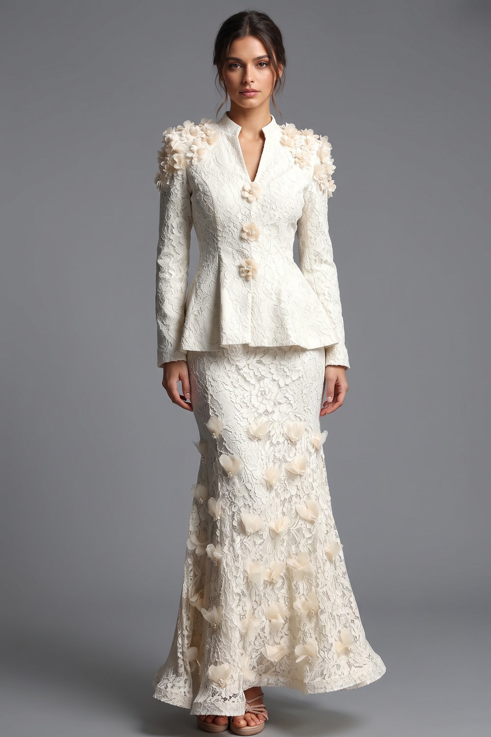 Ivory Corded Floral Lace Two-Piece Skirt Suit Flowering Girl