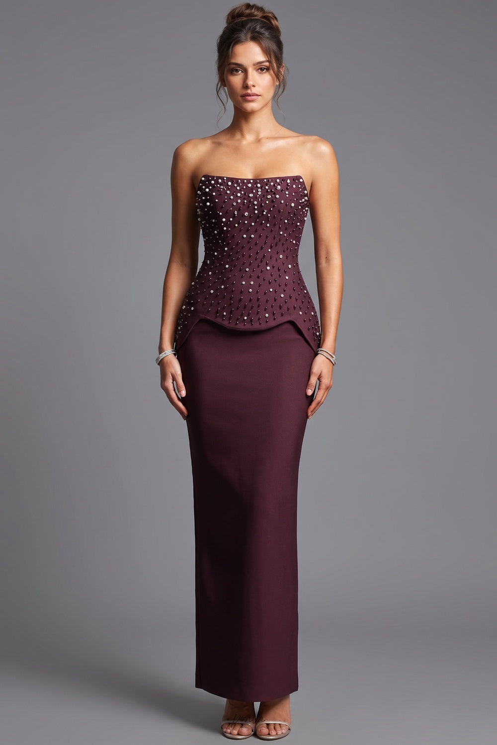 Dark Plum Structured Crepe Column Evening Gown with Peplum Bodice Flowering Girl