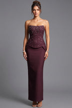 Dark Plum Structured Crepe Column Evening Gown with Peplum Bodice Flowering Girl