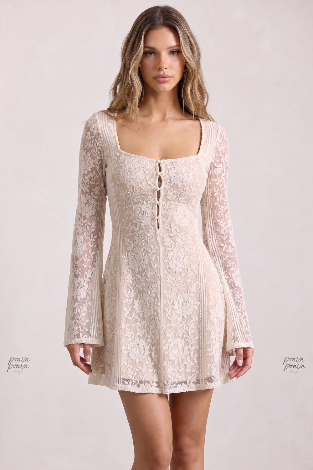 Cream Floral Lace Overlay Fit-and-Flare Dress Flowering Girl