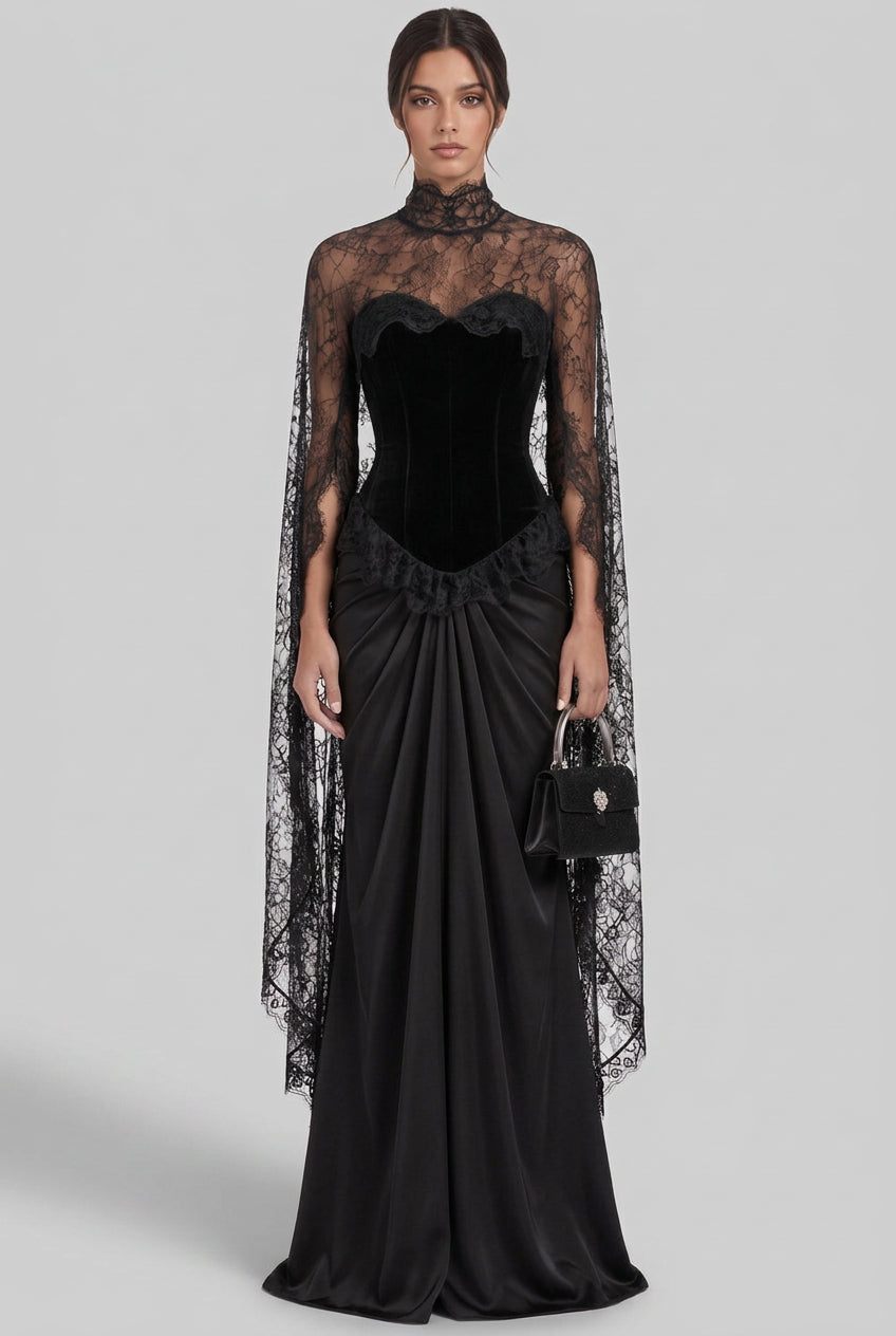 Black Velvet Corset Evening Gown with Lace Cape Sleeves and Satin Skirt Flowering Girl