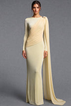Pale Yellow Fine Stretch Knit Column Evening Gown with Asymmetric Draped Cape Flowering Girl