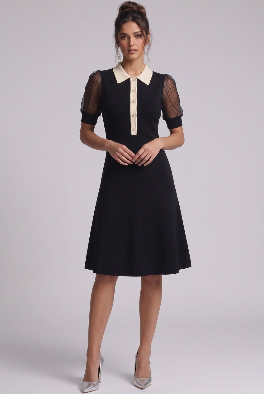 Black Fine Knit A-Line Dress with Contrast Collar Flowering Girl