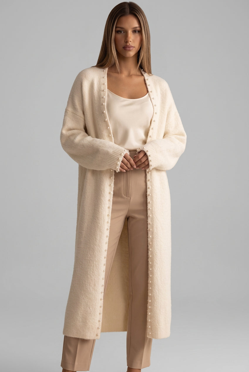 cream fuzzy knit straight oversized open-front long cardigan Flowering Girl