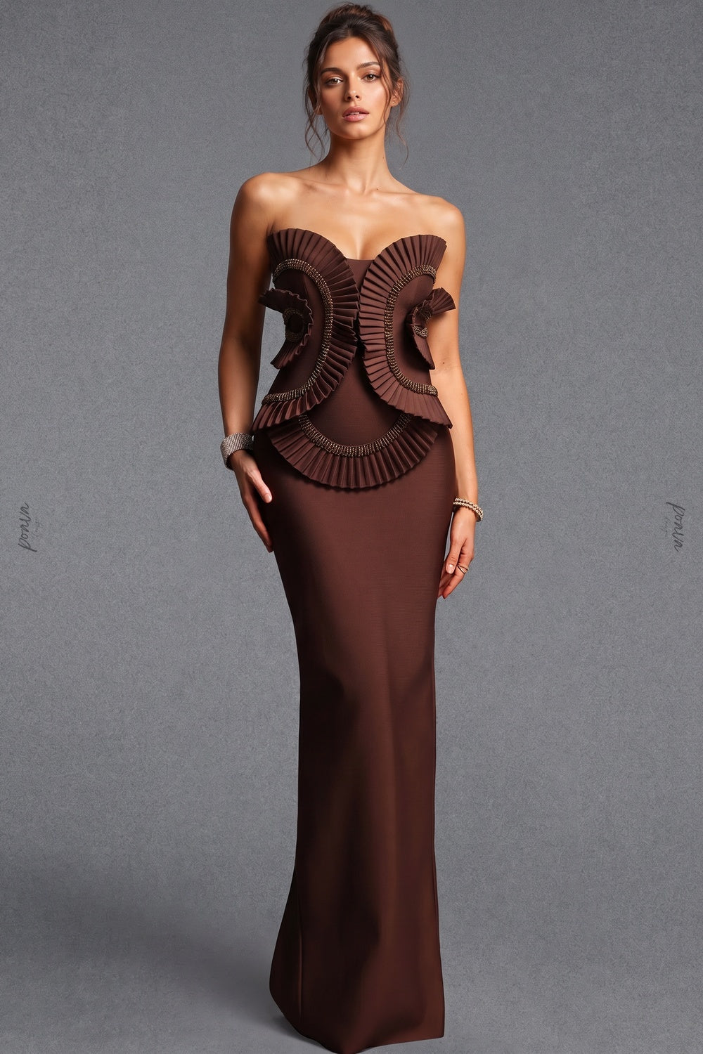 Chocolate Brown Matte Crepe Column Evening Gown Flowering Girl