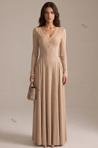 Beige Ribbed Knit A-Line Maxi Dress with Lace Applique Flowering Girl