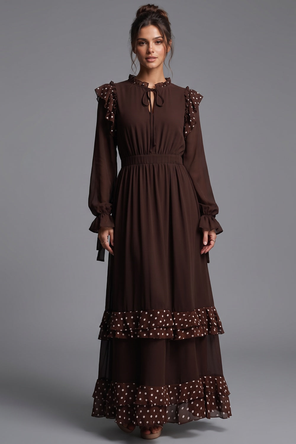 Dark Brown Chiffon A-Line Tiered Maxi Dress Flowering Girl