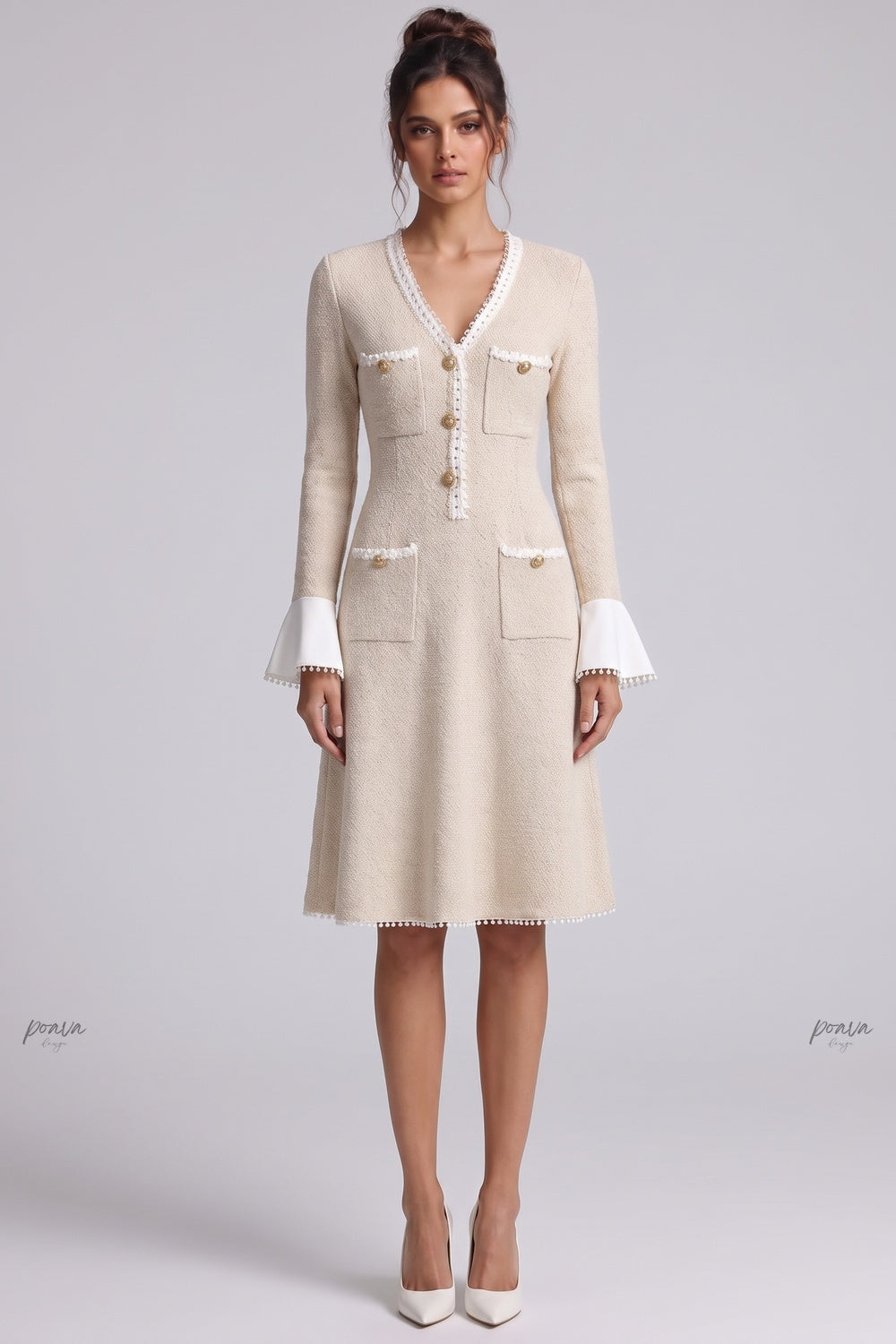 Beige Textured Bouclé Knit A-Line Midi Dress Flowering Girl