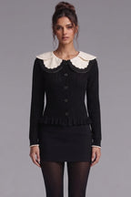 Black Peplum Cardigan with White Scalloped Collar Flowering Girl