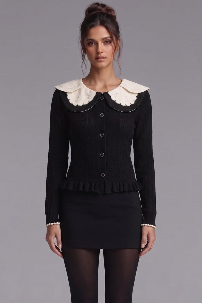 Black Peplum Cardigan with White Scalloped Collar Flowering Girl