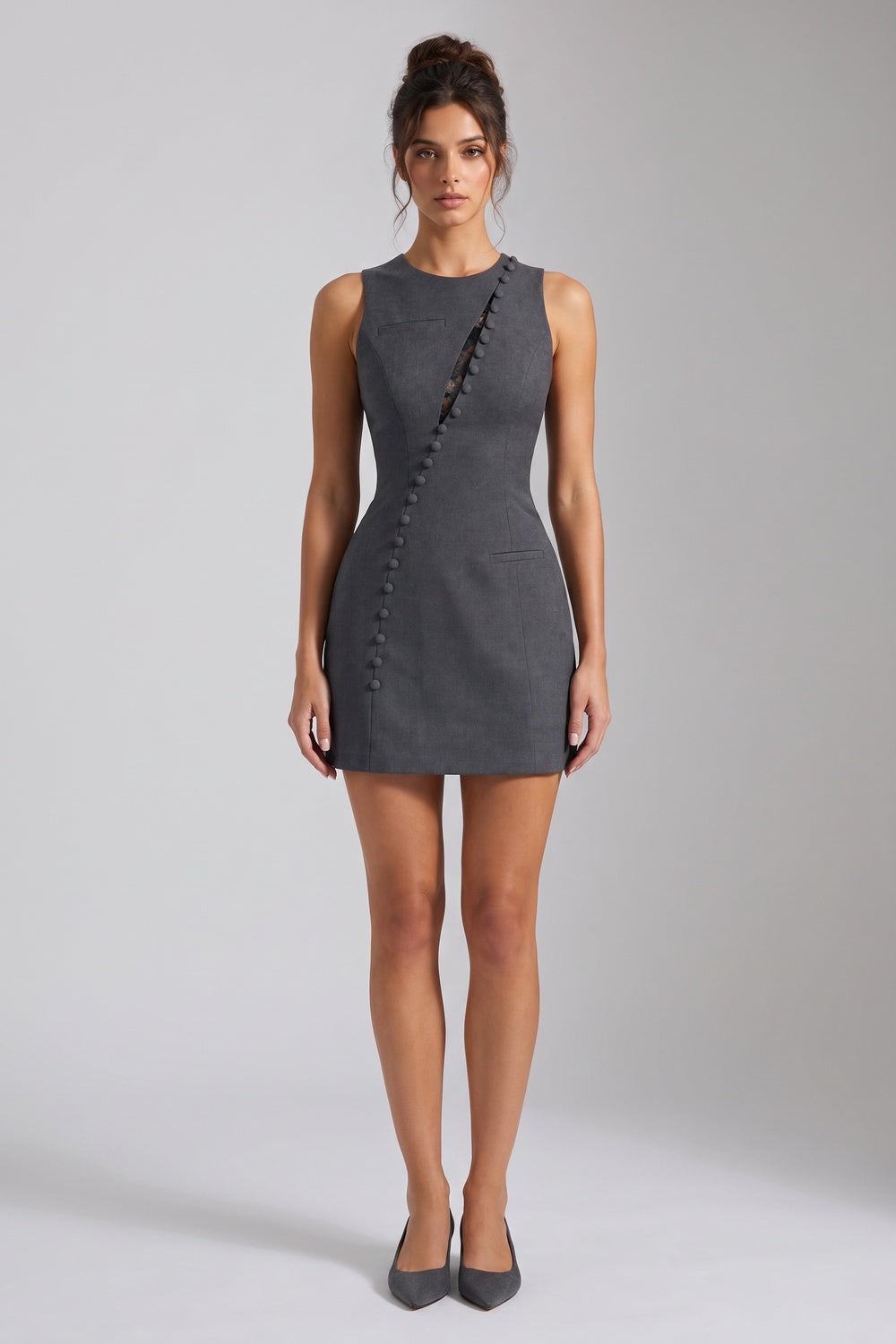 Charcoal Grey Structured Wool-Blend Suiting Sheath Mini Dress Flowering Girl