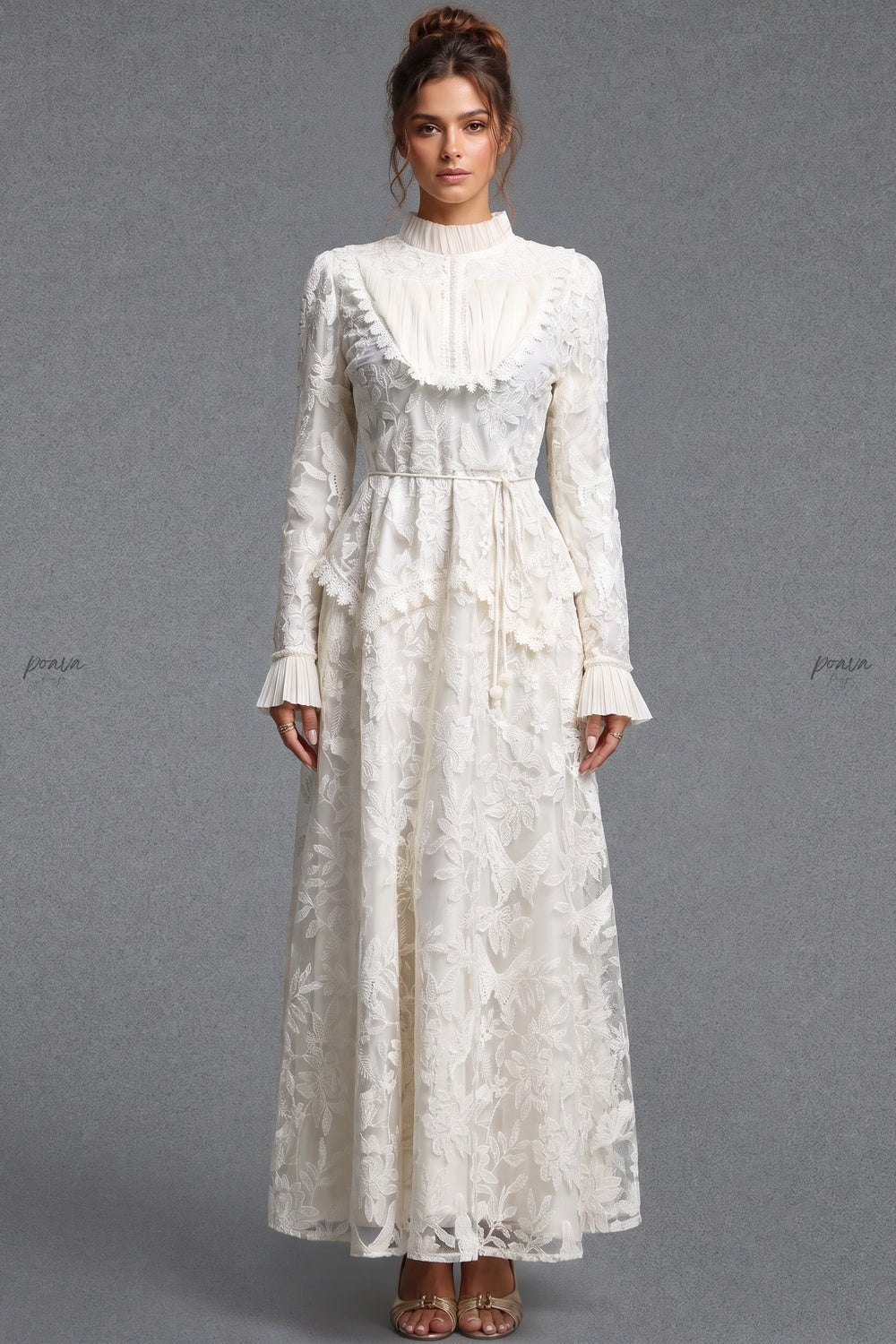 Ivory Floral Embroidered Lace A-line Maxi Dress with Tiered Waist Overlay Flowering Girl