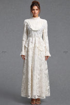 Ivory Floral Embroidered Lace A-line Maxi Dress with Tiered Waist Overlay Flowering Girl