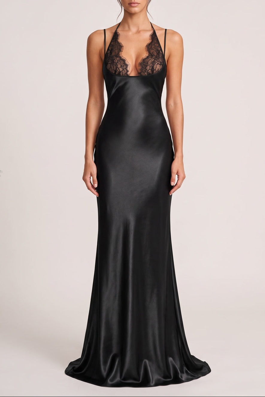 Black Satin Column Evening Gown Flowering Girl