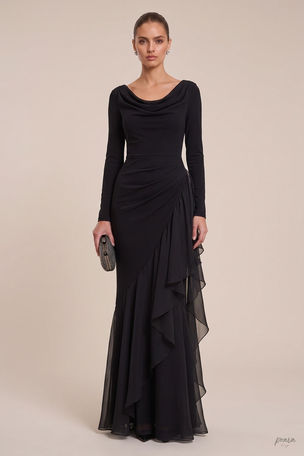 Black Mermaid Evening Gown with Sheer Ruffle Detail Flowering Girl