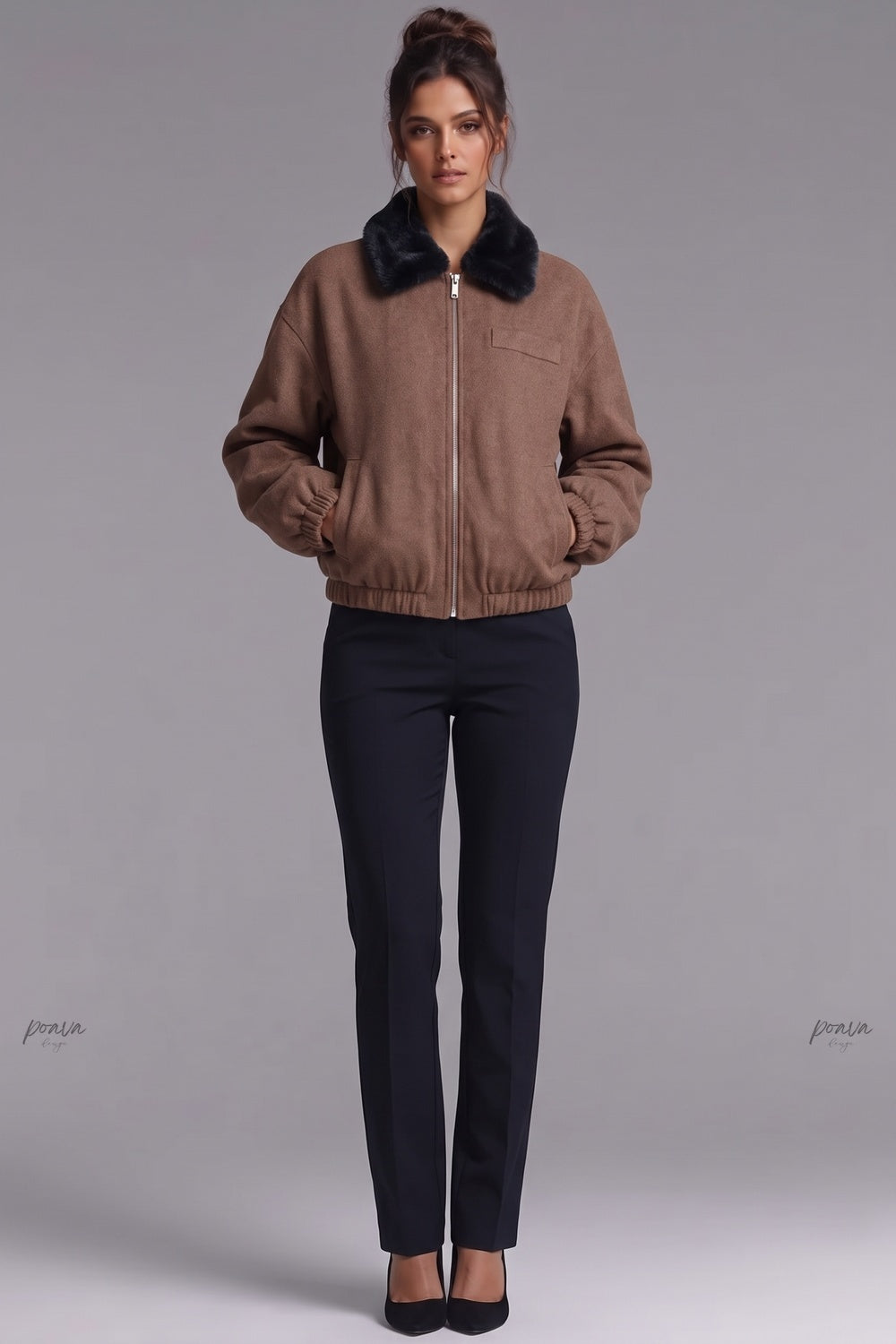 Medium Brown Boxy Bomber Jacket with Faux Fur Collar Flowering Girl