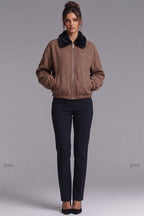 Medium Brown Boxy Bomber Jacket with Faux Fur Collar Flowering Girl