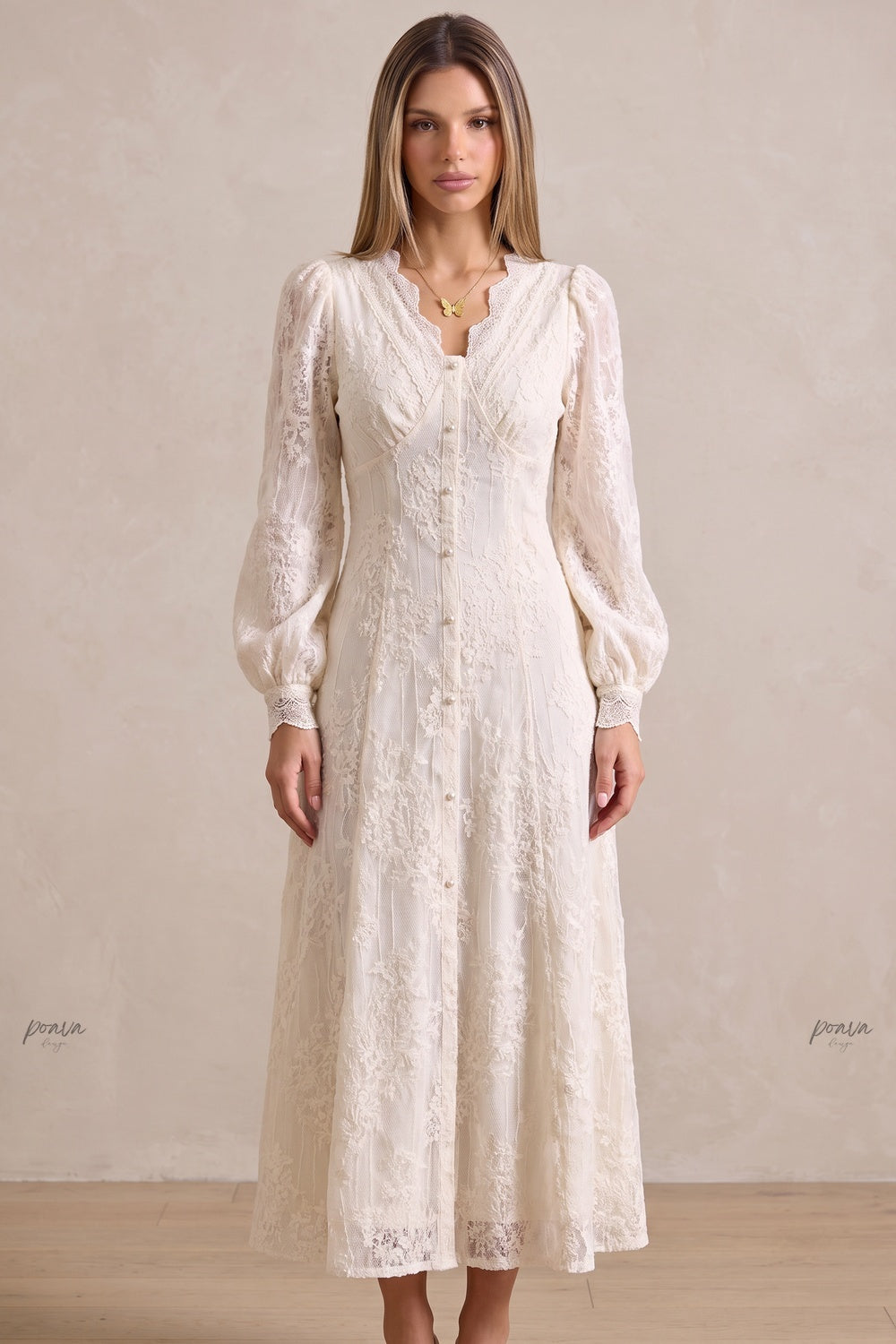 Off-White Embroidered Lace A-Line Maxi Dress Flowering Girl