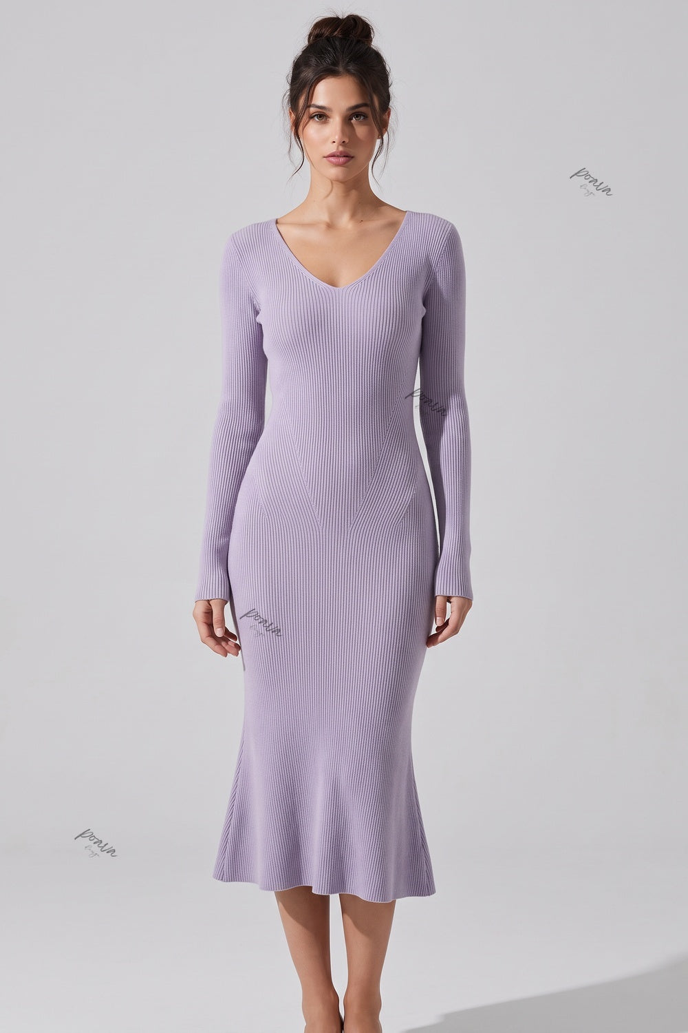 Lavender Ribbed Knit Mermaid Midi Dress Flowering Girl