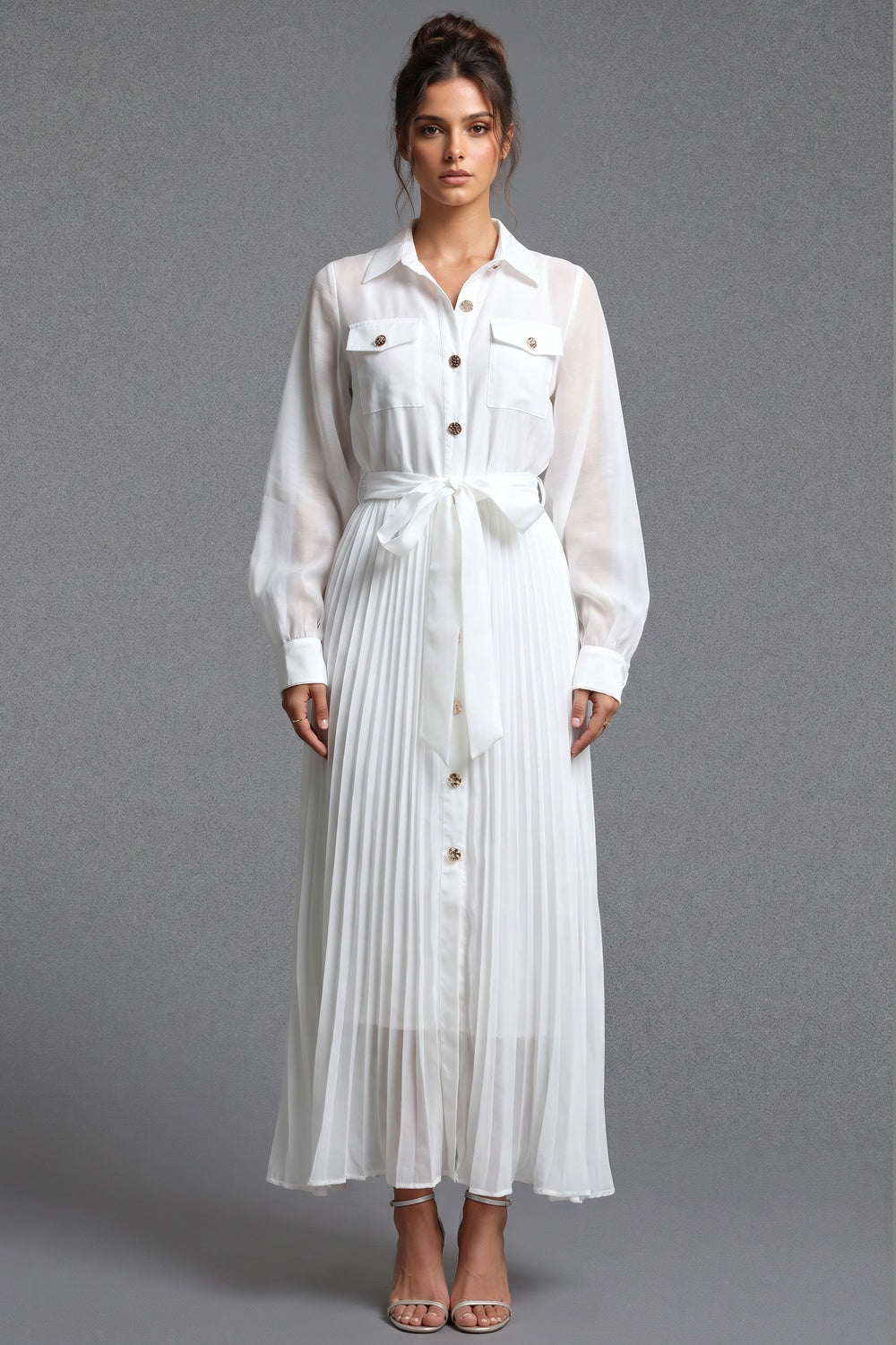 White Semi-Sheer Chiffon Pleated Shirt Dress Flowering Girl