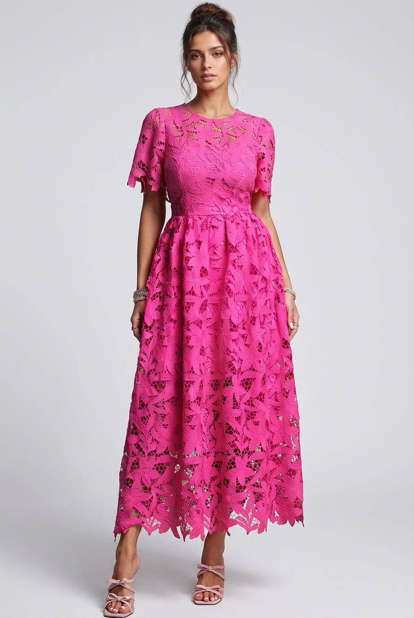 Magenta Guipure Lace A-Line Midi Dress Flowering Girl