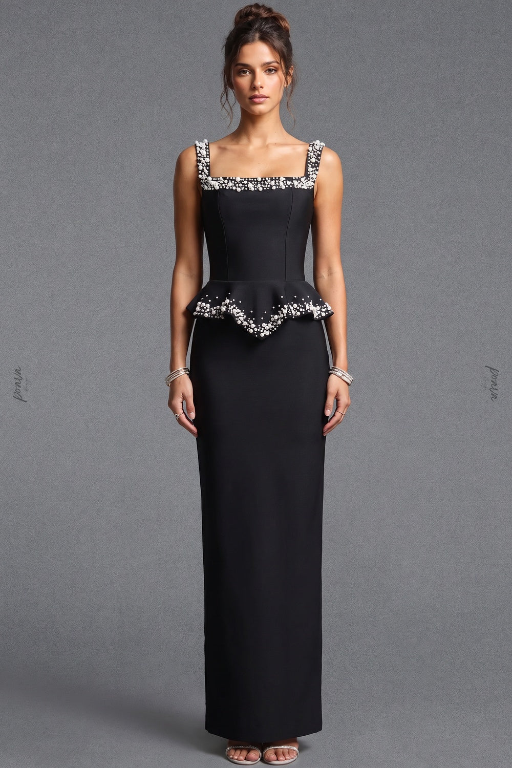 Black Heavy Crepe Column Gown with Structured Peplum and Pearl Embellishments Flowering Girl