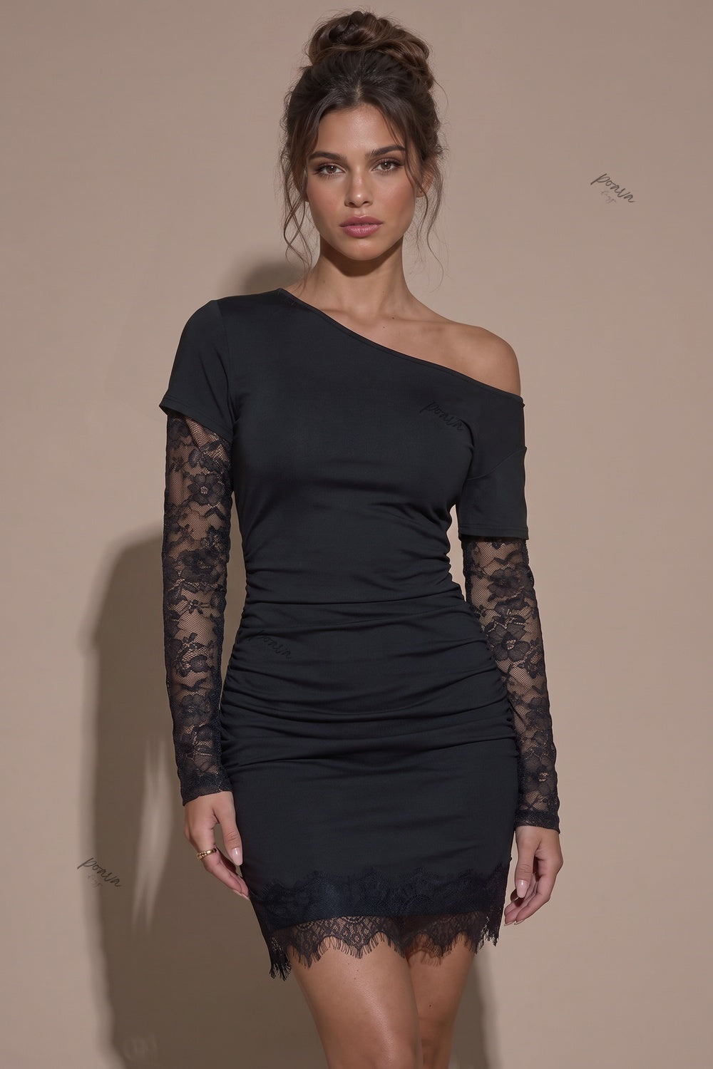 Black Asymmetrical Lace Sleeve Bodycon Mini Dress Flowering Girl