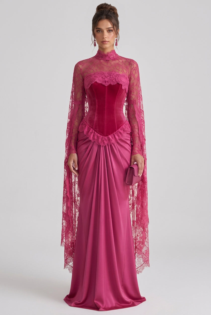 Magenta Velvet Corset-Bodice Draped Gown Flowering Girl