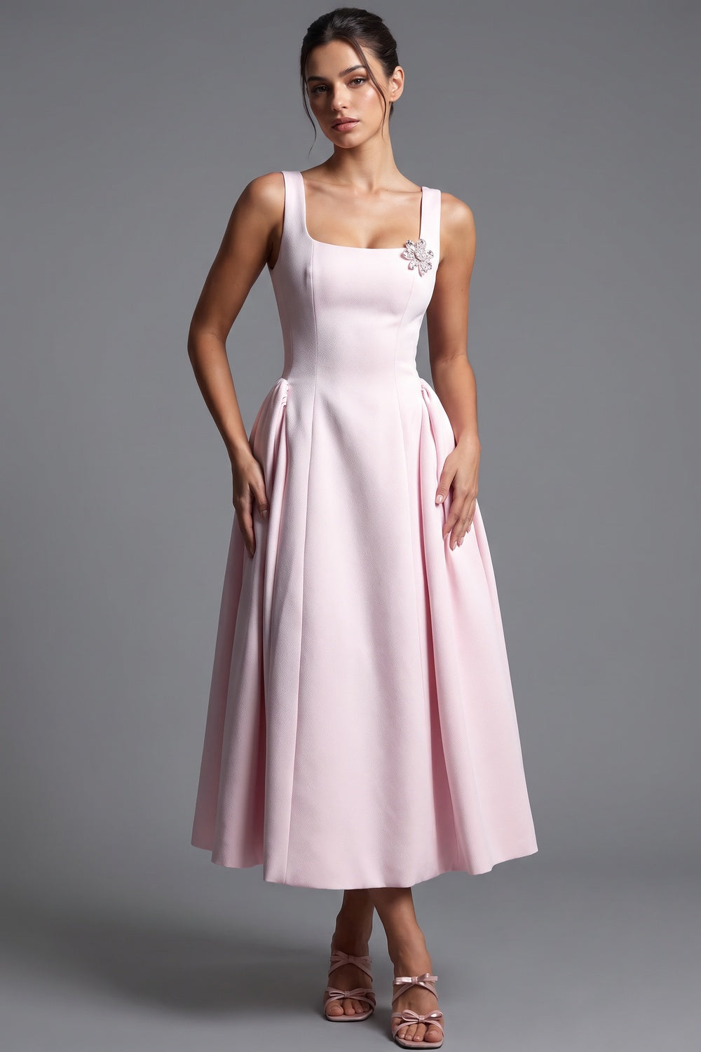 Light Pink Structured Satin Fit-and-Flare Midi Dress Flowering Girl