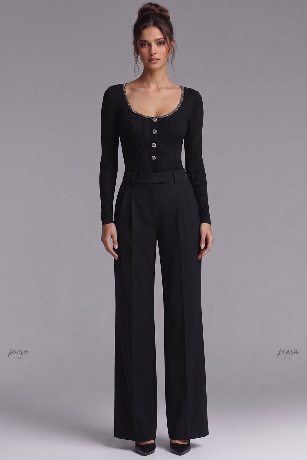 Black Ribbed Knit Fitted Top with Metallic Detail Flowering Girl