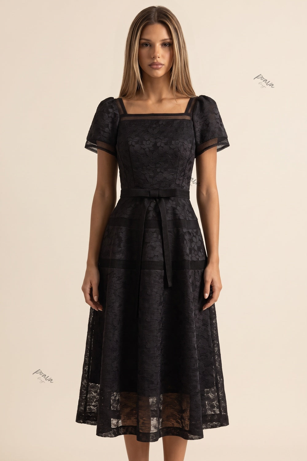 Black Floral Lace Fit-and-Flare Midi Dress Flowering Girl