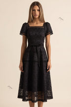 Black Floral Lace Fit-and-Flare Midi Dress Flowering Girl