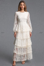 Off-white embroidered lace on mesh base tiered A-line maxi dress Flowering Girl