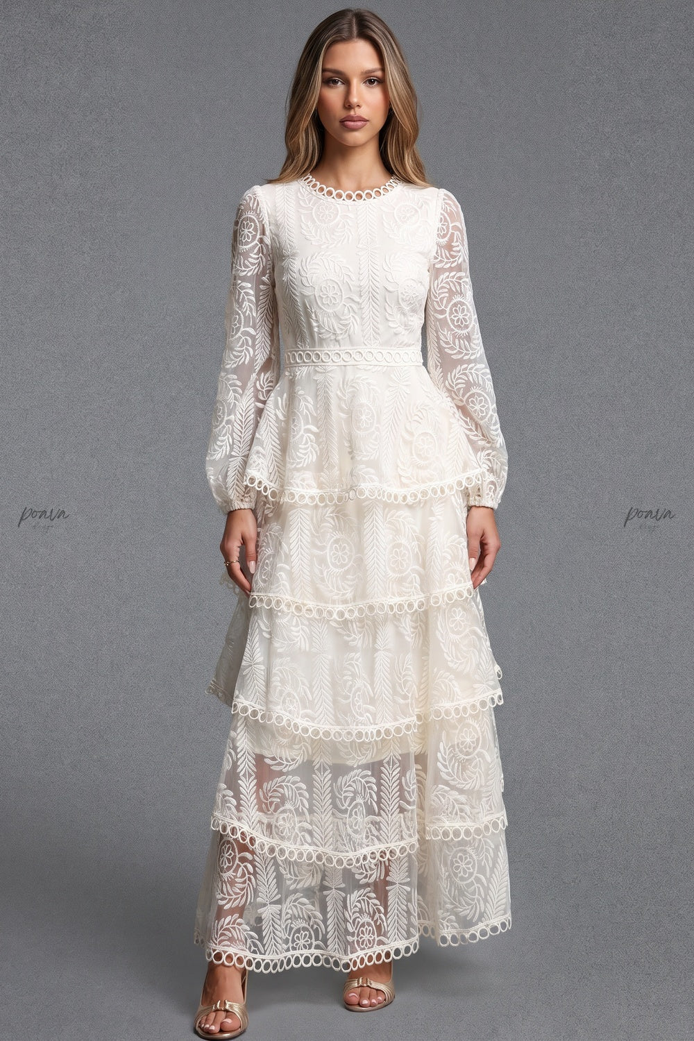 Off-white embroidered lace on mesh base tiered A-line maxi dress Flowering Girl