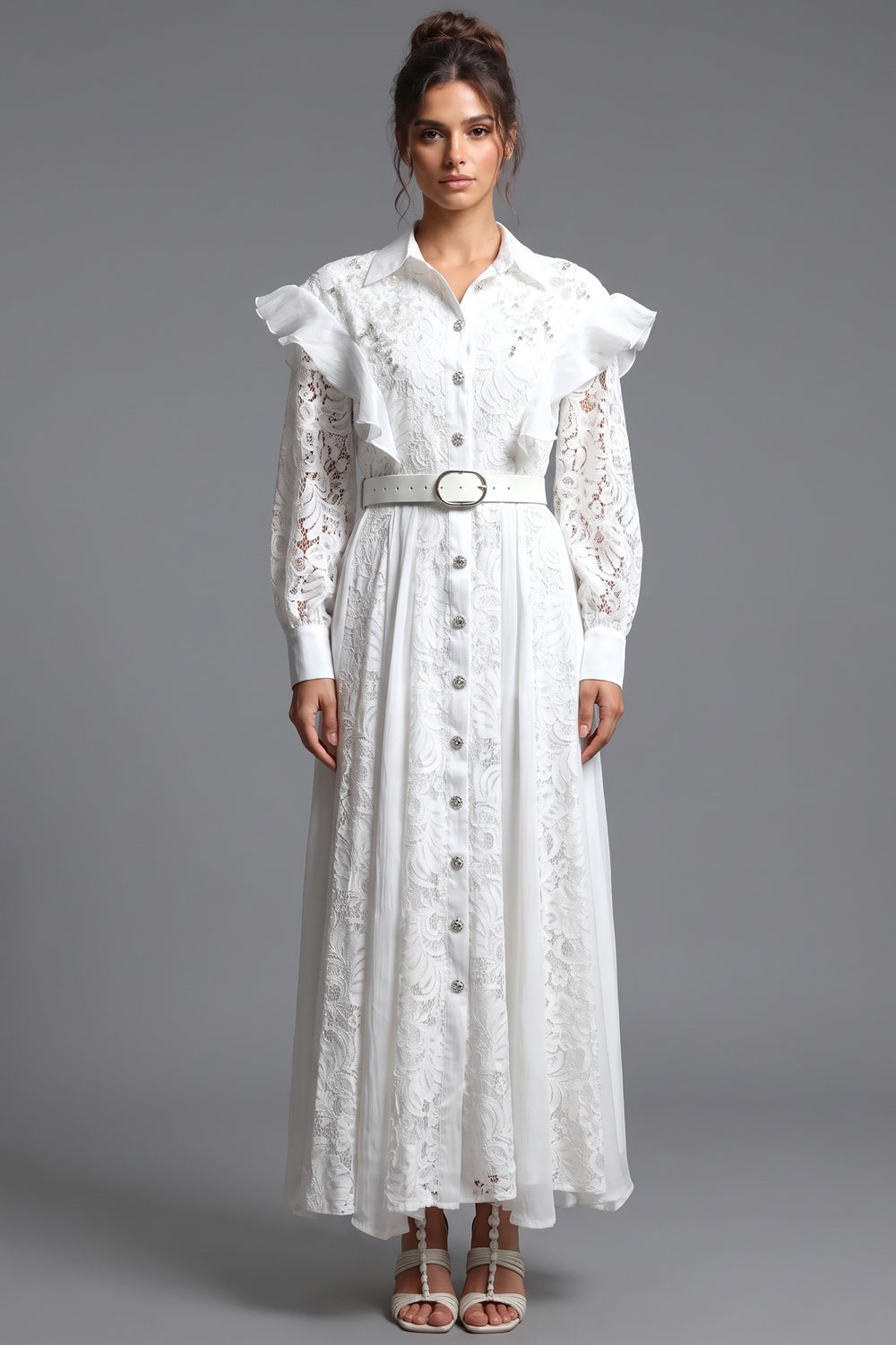 White Floral Lace A-Line Maxi Shirt Dress Flowering Girl