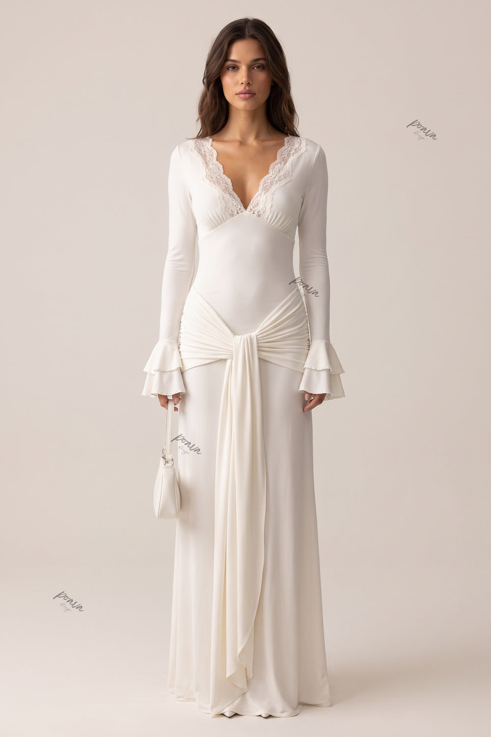 ivory stretch jersey knit column with front drape maxi dress Flowering Girl