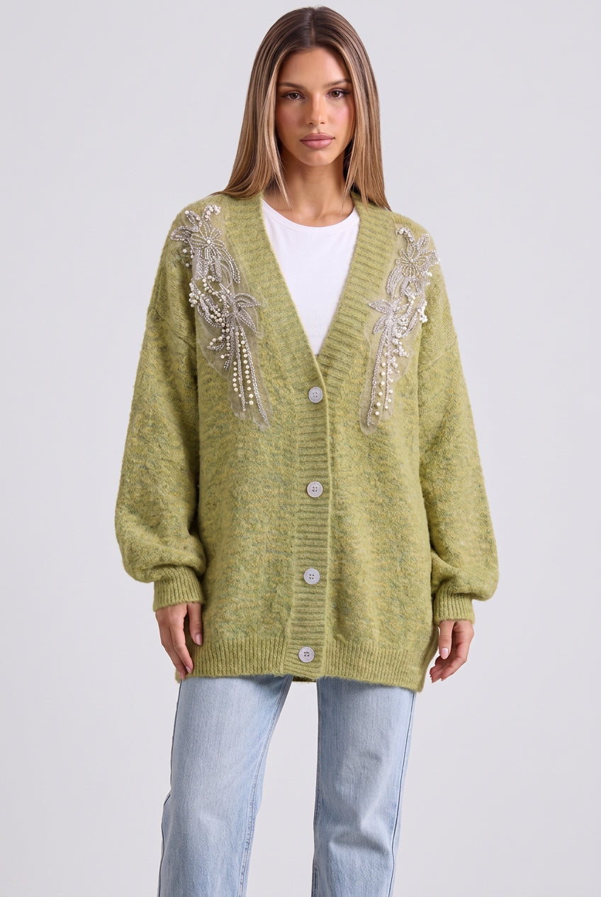 Chartreuse Heathered Knit Oversized Cardigan with Beaded Pearl Shoulders Flowering Girl