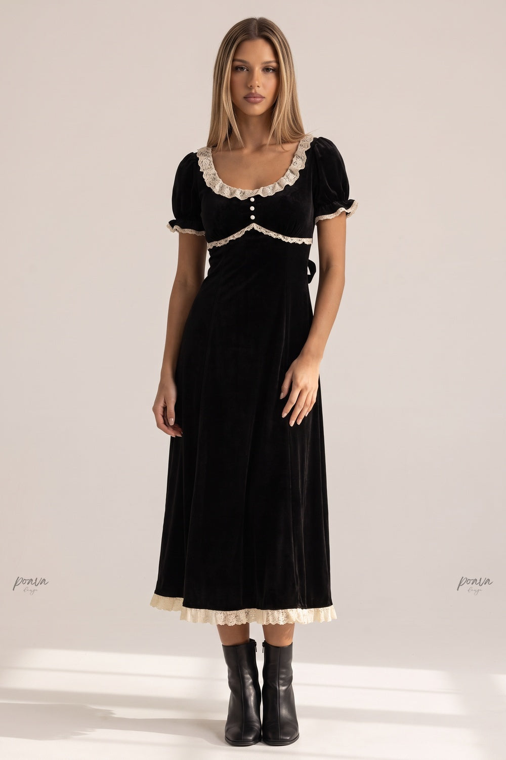 Black Velvet Empire-Waist A-Line Dress with Cream Lace Trim Flowering Girl