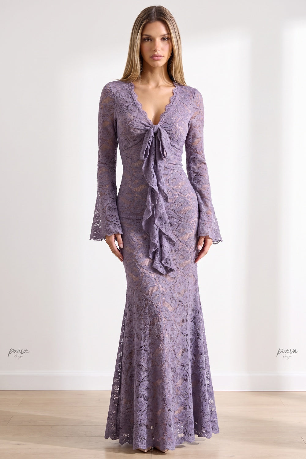 Dusty Purple Floral Lace Mermaid Maxi Dress Flowering Girl
