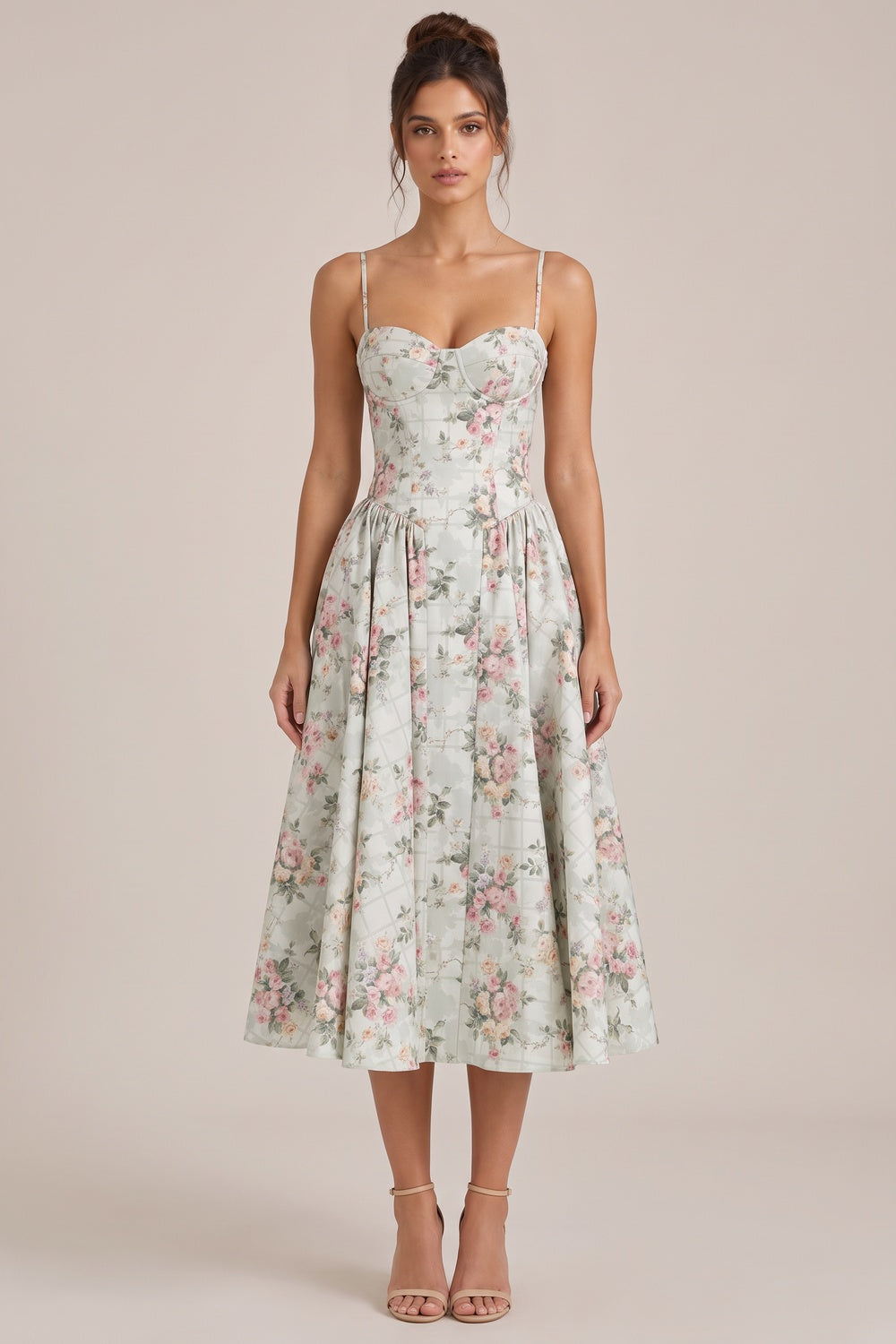 Pale Sage Green Structured Woven Cotton or Jacquard Fit-and-Flare Dress Flowering Girl