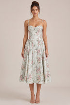 Pale Sage Green Structured Woven Cotton or Jacquard Fit-and-Flare Dress Flowering Girl