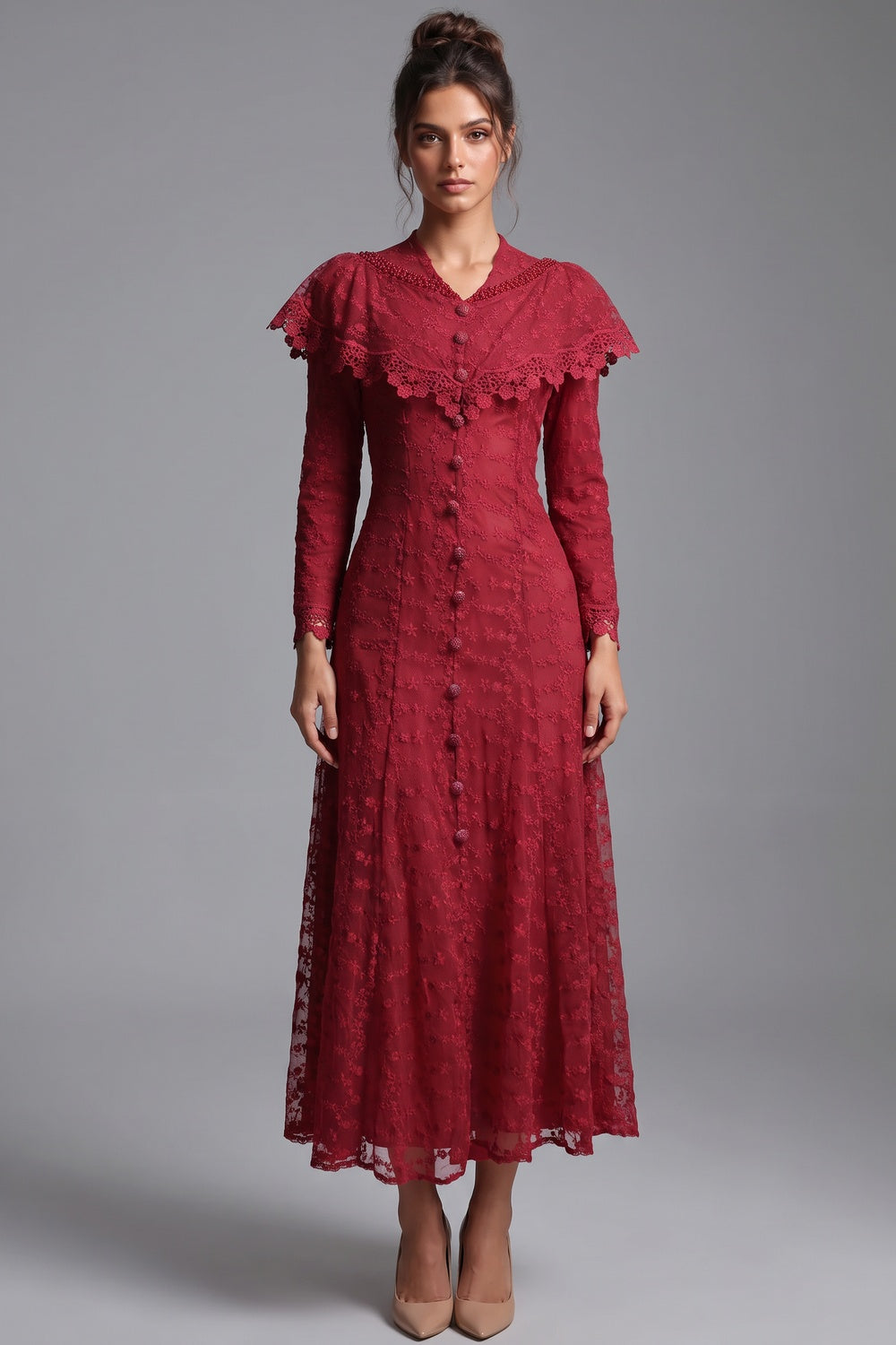 Deep Red Embroidered Floral Lace A-Line Midi Dress Flowering Girl