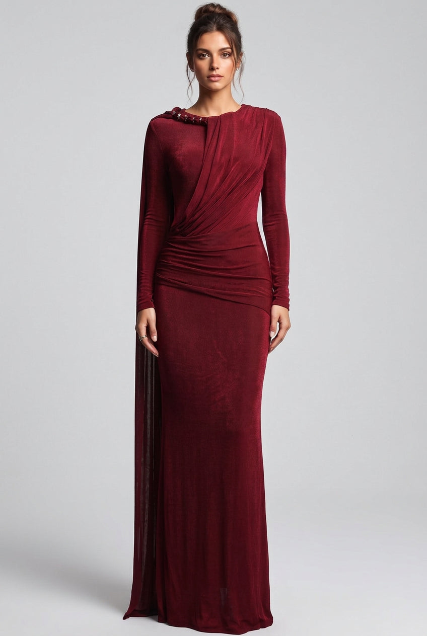 Burgundy Metallic Jersey Column Evening Gown Flowering Girl
