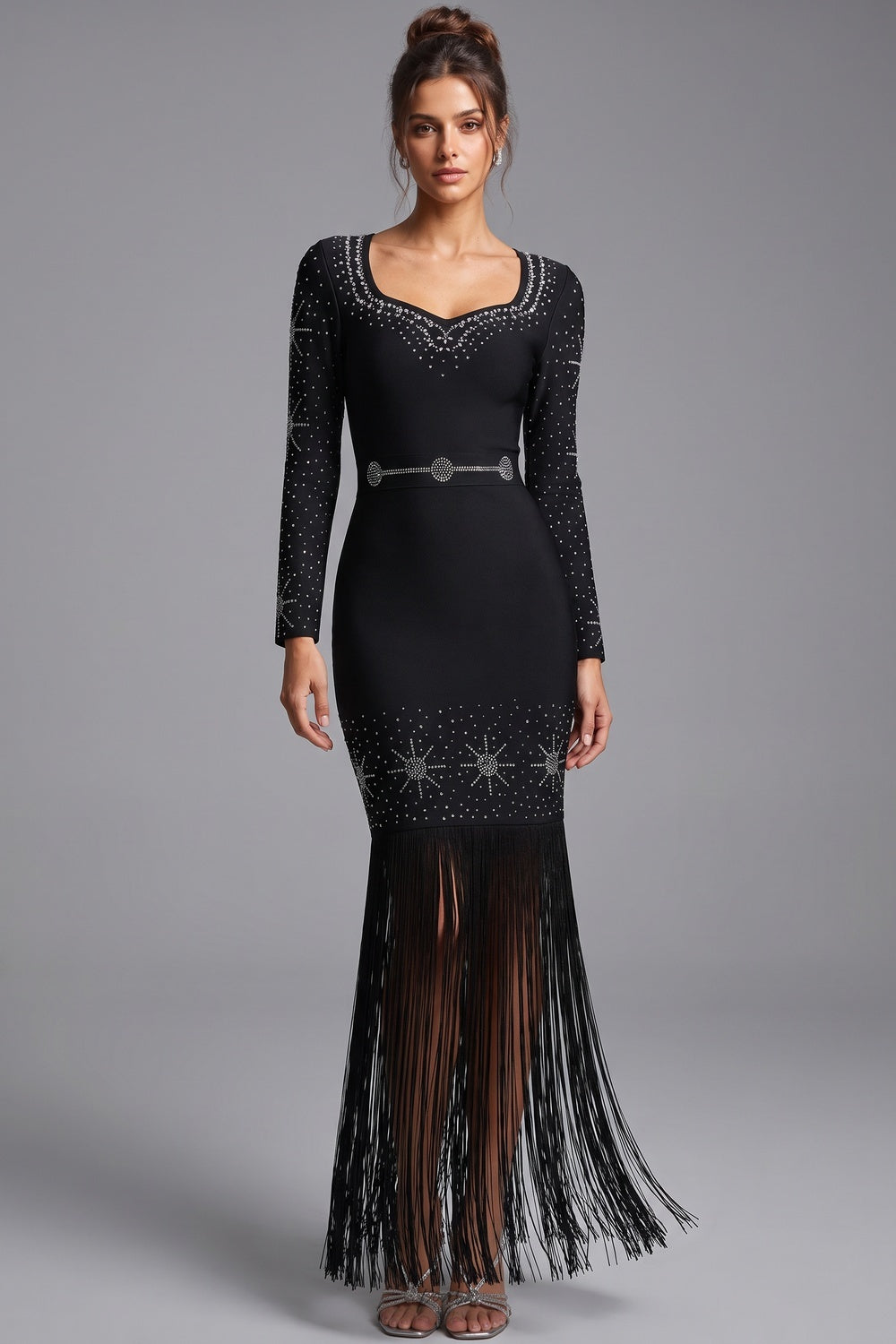 Black Heavy Bandage Knit Fitted Column Evening Gown Flowering Girl