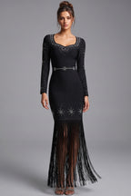 Black Heavy Bandage Knit Fitted Column Evening Gown Flowering Girl